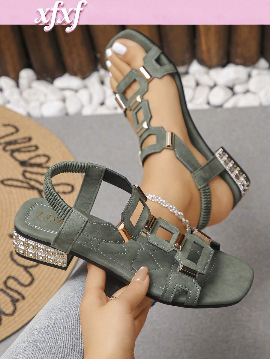 1 par de sandalias de tacón alto para mujer, con decoración de rhinestones, cómodas y de moda, adecuadas para uso casual, fiestas de noche, citas, un artículo esencial para las damas