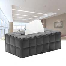 Large Size Black Plaid Rectangular PU Leather Tissue Box - Black - View 3