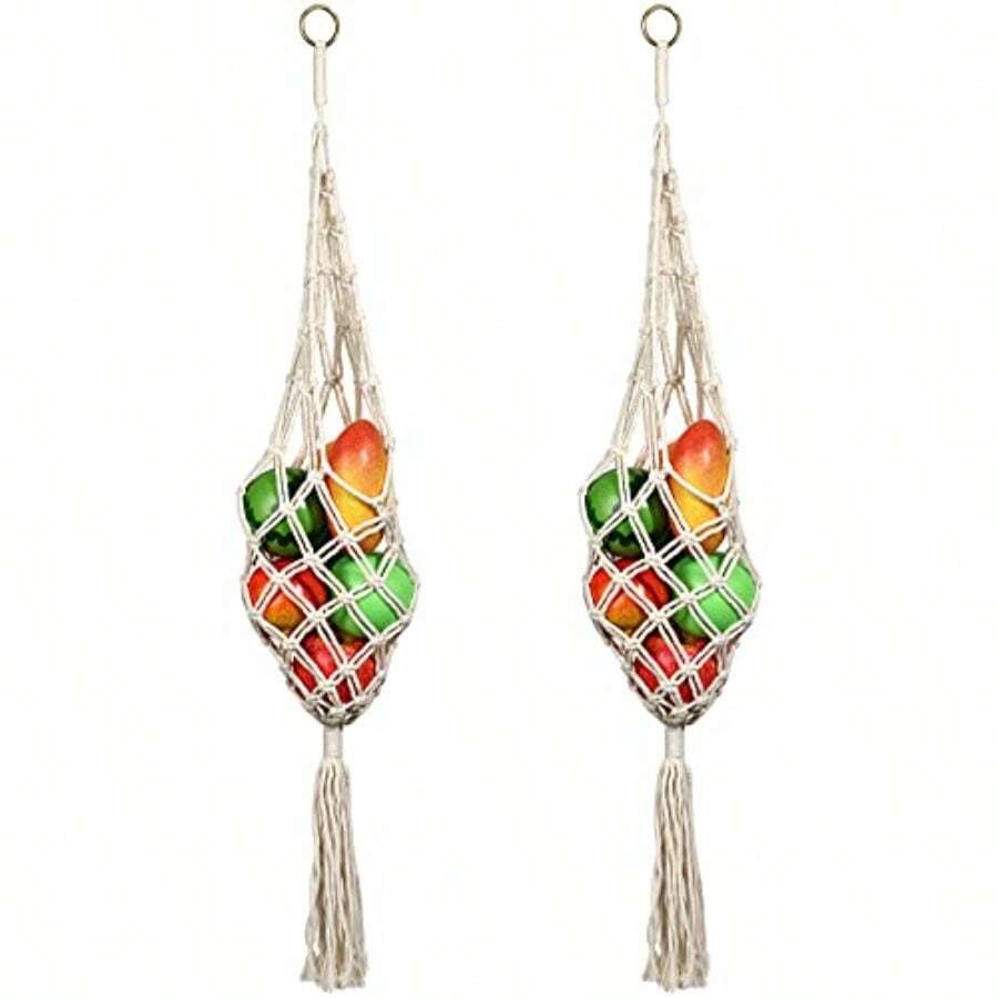 Geiserailie 2 piezas cesta colgante de frutas macramé cesta colgante de verduras transpirable decoración de almacenamiento para patata cebolla y frutas decoración bohemia para cocina - Blanco - Ver 1