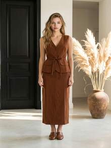 Elegant Formal Ensemble Consisting Of A V-Neck Vest With Tie Detail And A Midi Skirt With A Slit | Sophisticated Cut | Marrant - 棕色 - 查看 2