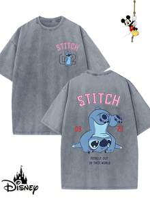 Disney-Licensed Men's Cotton T-Shirt For The 2026 Family Holiday. Featuring A Stitch Motif, Washed Crew Neck, Soft And Comfortable Feel, Easy Care And Suitable For Various Occasions Such As Holidays, Everyday Life And Commuting – Full Of Festive Spirit. - 灰色 - 查看 1
