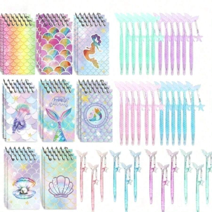 Mermaid Theme Stationery Set - Cute Notebook And Mermaid Tail Pen Set, Portable Notepad/Journal/Party Favor, Fashionable Desk Accessories For Teens And Adults