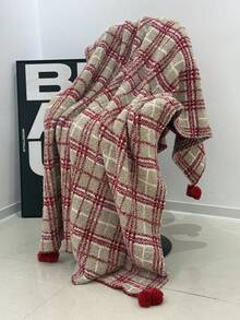 1pc Knitted Blanket, Throw Blanket, Towel Blanket, Suitable For Office Nap, Sofa, Air Conditioning, Afternoon Rest - Red Stripes With a Ball - View 1