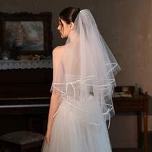 1pc Simple Satin Ribbon Bridal Veil With Double-Layer Bow - Super Fairy-Tale Wedding Registration And Photo Prop - A Wedding Nourishment For Brides Saying Goodbye To Single Lifehen Party Suppliesbride - View 5