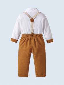 BOARNSEORL 2 piezas Conjunto de caballero para niños pequeños - Camisa blanca con pajarita y pantalones con tirantes caqui, elegante y apropiado para baby shower, fiesta de cumpleaños, boda, atuendo formal de pajecito - Caqui - Ver 4