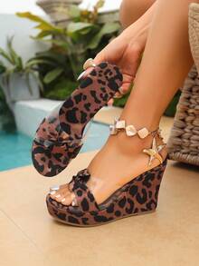 Sandalias de plataforma sexy de tacón súper alto con estampado de leopardo y punta abierta transparente, cómodas sandalias de cuña de moda para mujeres - Marrón - Ver 4