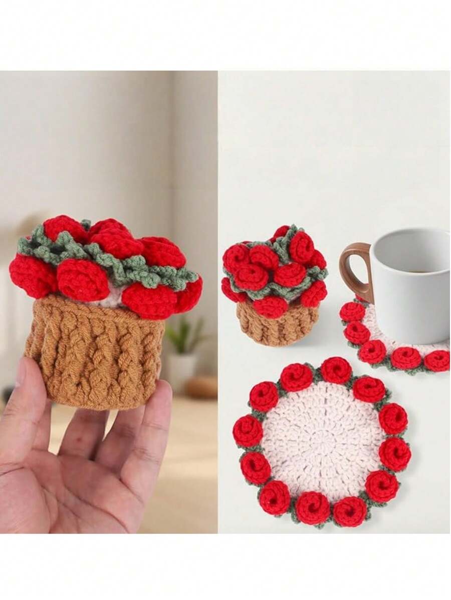 Miếng lót cốc hình hoa móc len, đế lót chậu hoa hồng móc len thủ công, miếng lót ly trang trí mềm mại thú vị để bảo vệ bàn cà phê và trang trí nhà cửa. - Nhiều màu - Xem 1