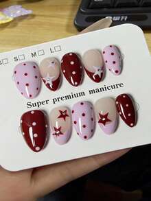 10片纯手工制作的按压式美甲贴片，适合短指甲、杏仁形指甲，紫色和酒红色搭配，甜美又酷炫的复古风格，酒红色法式拼接紫色色块，手绘星星波点图案，点缀碎钻，可爱少女风，适合女性和女孩，春夏秋冬节日派对和日常生活使用。 - 酒紅色 - 查看 2