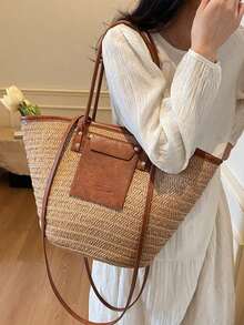 Fashion Large Capacity Woven Tote Bag, New Beach VacationOne Shoulder Underarm Straw Large Bag - Khaki - View 6