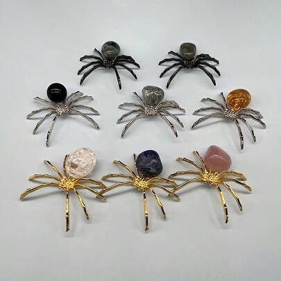 5pcs Natural Crystal Ball Spider Ornaments Handmade Alloy Spider DIY Reiki Gemstone Halloween Decorative Crafts Mother's Day Gift For Mom Home Garden Decoration