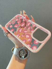 适用于 17 Air 16 15 14 Plus 13 12 11 Pro Max 的双面镶钻亚克力硬壳豹纹纯色手机壳（1 件装） - 粉色 - 查看 5