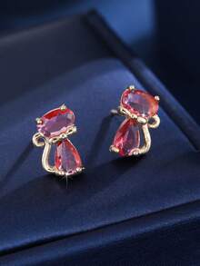 1 Pair Minimalist Double Rhinestone Cute Cat Zirconia Stud Earrings, Suitable For Friends, Dates, Daily Wear - W17874 - View 18