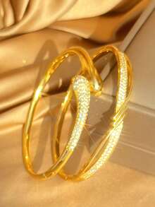 18K Gold Plated Twisted Double Layer Zirconia Stackable Bracelet Set, Fade-Resistant Adjustable Gold Bracelet, Elegant Women's Jewelry, Suitable For Daily Wear, Wedding - Multicolor - View 7
