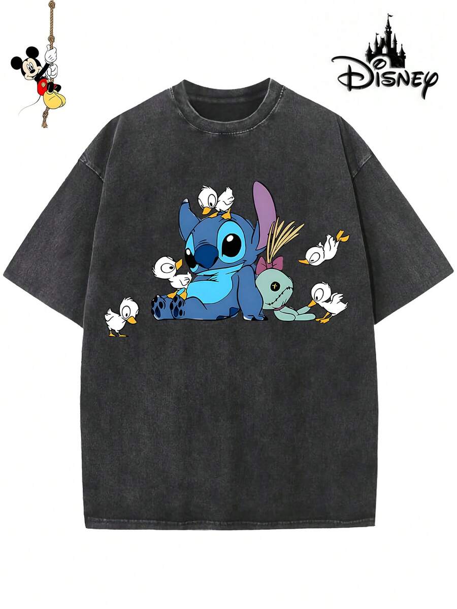 Disney-Licensed Men's Cotton T-Shirt For The 2026 Family Holiday. Featuring A Stitch Motif, Washed Crew Neck, Soft And Comfortable Feel, Easy Care And Suitable For Various Occasions Such As Holidays, Everyday Life And Commuting – Full Of Festive Spirit. - 黑色 - 查看 1