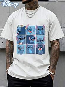 Disney Officially Licensed Graphic T Shirts 100 Percent Cotton Disney Shirt, Stitch 9-Panel Grid T-Shirt, Unisex, 220g, Retro Washed, Cartoon Print, Casual Tee - 白色 - 查看 1