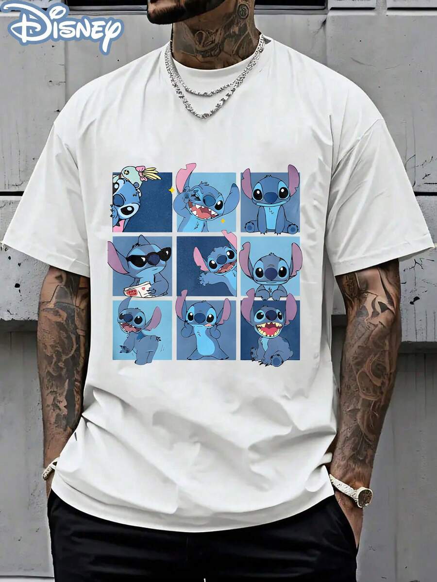 Disney Officially Licensed Graphic T Shirts 100 Percent Cotton Disney Shirt, Stitch 9-Panel Grid T-Shirt, Unisex, 220g, Retro Washed, Cartoon Print, Casual Tee - 白色 - 查看 1