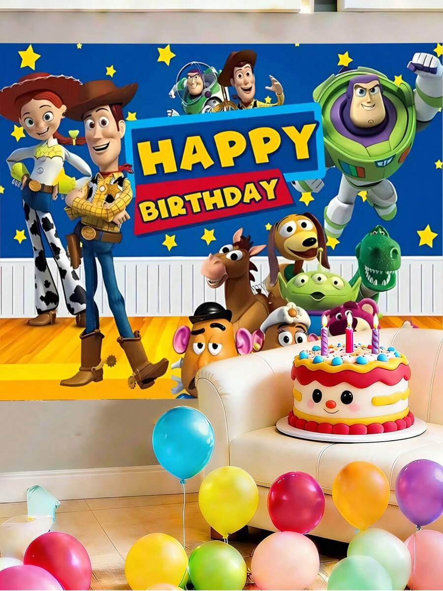 1pc Toy Story Western Adventure Birthday Tapestry, Blue & Yellow Contrast Western Style Backdrop Cloth, ,D-Isney Charcaters Cartoon Theme Happy Birthday Party Backdrop,Pink Tapestry,Holiday Decoration, Decoration Themed Perfect Gift ,Room Wall Art Decoration,Fairy Tale Style,For Bedroom Living Room Corridor, Wall Art, Wall Decoration, Room Decoration - A - View 1