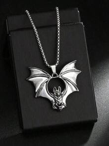 1pc 2025 New Gothic Bat Pendant Necklace, European & American Punk Style Retro Steel Necklace,-Border Jewelry, Vintage Bat Pendant, Long Stainless Steel Necklace Chain, Suitable Men & Women Daily Wear, Halloween - Antique Silver - 查看 8