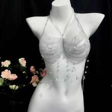 1Pc Sexy, Fashionable, Personalized, Exquisite, Multi-Layered Faux Pearl Chest Chain Top Chain, Wedding Party Accessories Chest Chain Body Chain European And American Sexy Bikini Three-Dimensional Back Chain Backless Assembly Accessories Boho Gold Chest Body Chains Layered Summer Sand Beach Bikini Waist Chain Accessories For Women - White - View 2