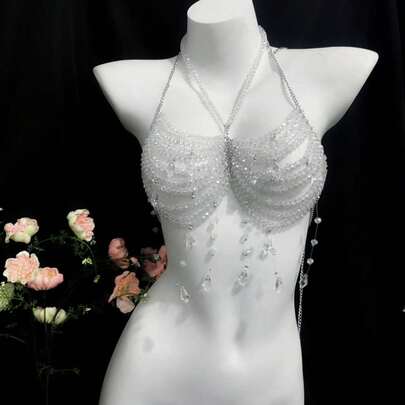 1件性感、时尚、个性化、精致的多层仿珍珠胸链，婚礼派对配饰，胸链/身体链，欧美性感比基尼立体背链，露背组装配件，波西米亚金色胸链/身体链，多层夏季沙滩比基尼腰链配饰，女士