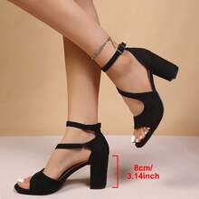 2026夏季新款女士黑色绒面革后跟高跟凉鞋，8厘米粗跟踝带露趾鞋 - 黑色 - 查看 4