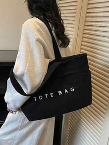 帆布手提包，大容量斜挎包，学院风/校园风，休闲/复古日系美学 - 黑色 - 查看 4