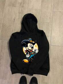 Disney Mickey Mouse Pattern Men's Sweatshirt, Regular Fit, Machine Washable, Suitable For Casual Wear In Autumn And Winter, Cartoon Character Design, Comfortable Fabric, Detailed Description, Easy To Care For, Suitable As A Gift, Birthday Gift, Or Present. - 黑色 - 查看 2