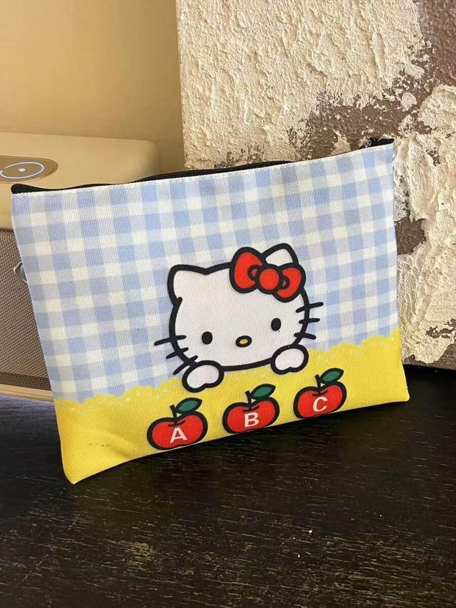 SANRIO 1 pieza Bolsa de cosméticos, Bolsa de maquillaje con diseño de gato rayado, Bolsa de maquillaje de dibujos animados popular con gran capacidad - Multicolor - Ver 1
