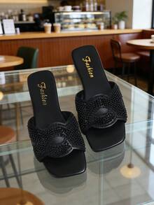 Women's Flat Slippers For Summer Outdoor Wear, Plus Size Fashion Crystal Embellished Mother Sandals - Black - View 7