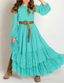 2026 Girls Elegant Lace Flower Boho Dress Long Sleeve Backless Square Neck Ruffle Party Maxi Dress - 10號湖綠 - 查看 2