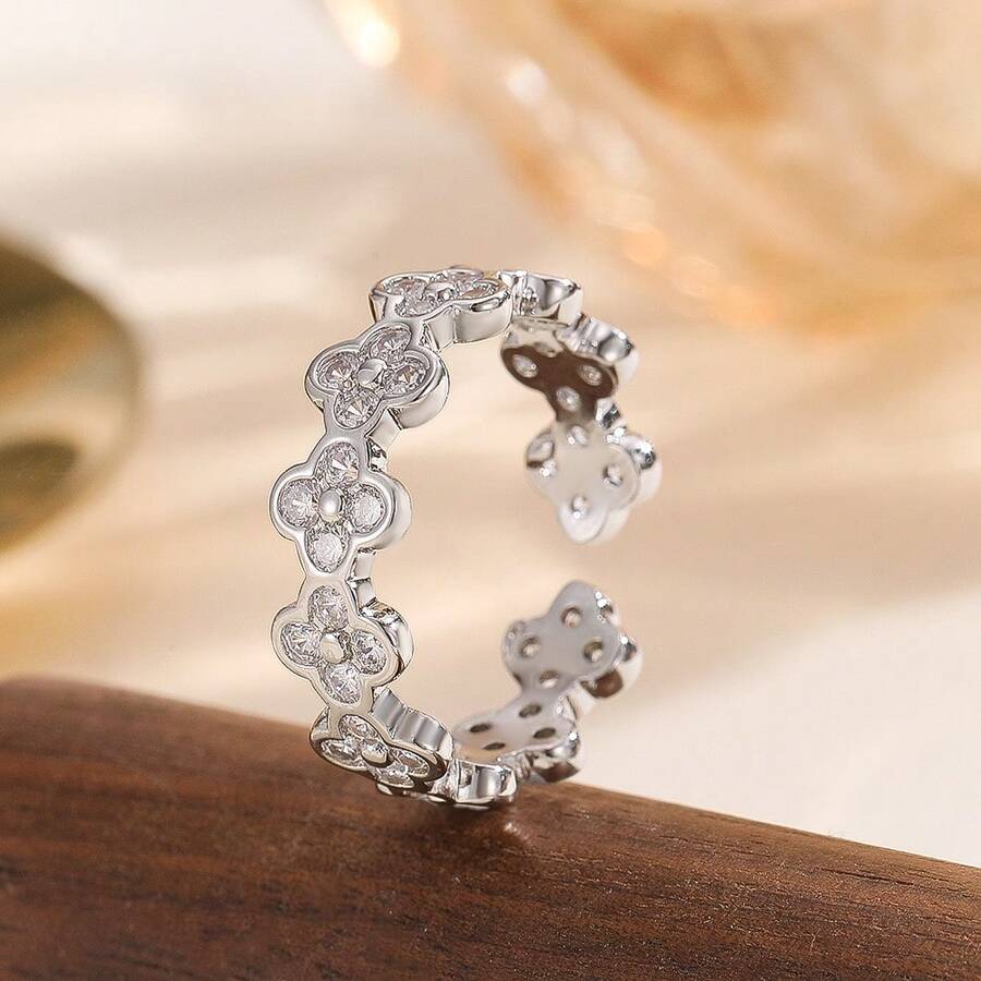 1 chiếc nhẫn hình hoa màu bạc, hợp kim đồng đính đá, đa năng phù hợp đeo hàng ngày và dự tiệc cho nữ. - Bạc - Xem 1