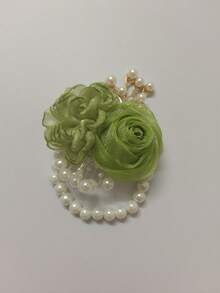 1件优雅腕花手链，饰以苔绿色山茶花和米色玫瑰，串珠设计，适合新娘、伴娘、婚礼、派对、日常佩戴 - 果綠+果綠 - 查看 2