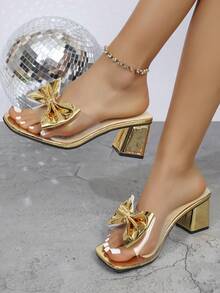 Women's High Heel Sandals With Butterfly Flower Design, Fashion Wedding Princess Shoes, Chunky Heel - Gold - View 4