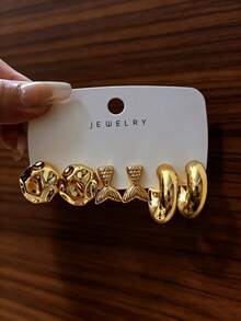 6-18pcs European And American Personalized Water Drop C-Shape Heart, Mermaid Tail, Rose Flower, Smooth Asymmetrical Earrings Set - Gold - View 4