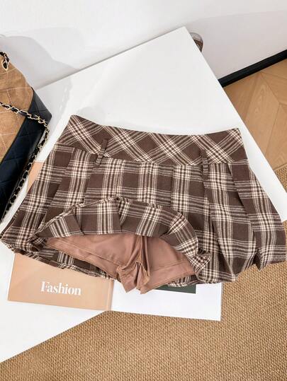 Coffee-Colored Plaid Pleated Mini Skirt, Suitable For Summer Beach Vacation, Festival Outfit, Slimming & Anti-Flashing Lining, Low-Waist Zipper