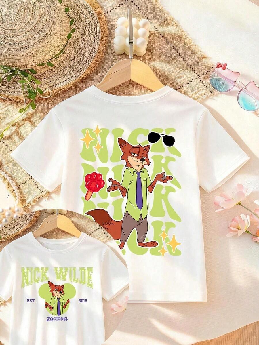 Disney Zootopia Nick Wilde Double-Sided Letter Printing Women's T-Shirt Children's Wear Design Short Sleeve Casual Cute Style Comfortable And Relaxed, Suitable For Parties And Play Machine Washable Gifts. - trắng - Xem 1
