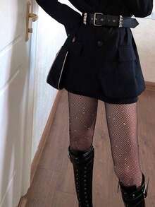 Rhinestone Decor Fishnet Tights - màu đen - Xem 4