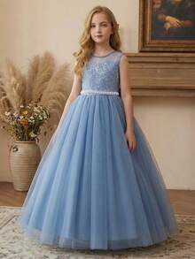 女童长款灰蓝色连衣裙，带大蝴蝶结 V 领薄纱裙，适合生日派对、宴会、舞会 - 藍色 - 查看 8