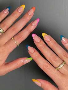 24片彩虹杏仁形柔软全覆盖式美甲贴片，时尚设计，适合派对、约会和日常佩戴 - 彩色 - 查看 1