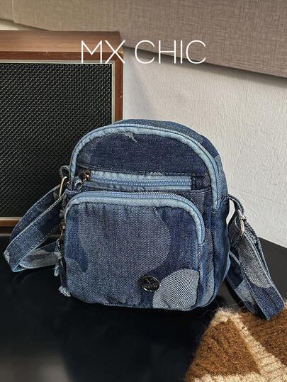 1个女士牛仔单肩斜挎包，时尚迷你撞色休闲手提包，适合购物和送礼