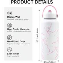 1 bình nước giữ nhiệt 20oz/26oz/32oz có ống hút, bình nước bằng thép không gỉ kiểu nơ, nắp lật có ống hút và tay cầm, chống rò rỉ, bằng kim loại, có thể tái sử dụng, miệng rộng, thích hợp cho du lịch, phòng tập thể dục và trường học (Màu hồng nhạt kiểu nơ) - Nhiều màu - Xem 8