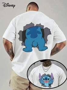 Disney Officially Licensed Graphic T Shirts 100 Percent Cotton Disney Shirt, Stitch Burst Through Double-Sided T-Shirt, Unisex, 220g, Retro Vintage, Crew Neck Short Sleeve, Casual Daily Wear - 白色 - 查看 1