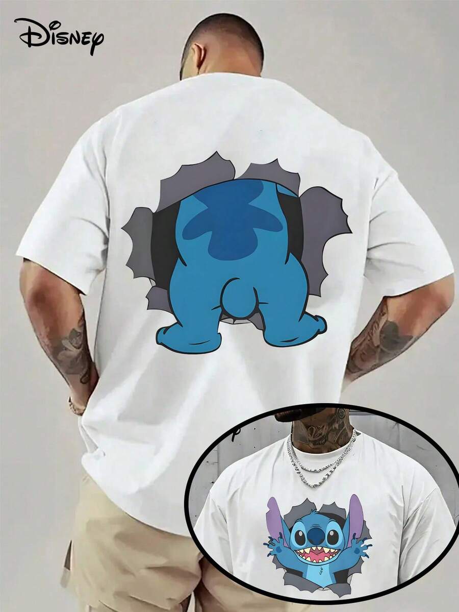 Disney Officially Licensed Graphic T Shirts 100 Percent Cotton Disney Shirt, Stitch Burst Through Double-Sided T-Shirt, Unisex, 220g, Retro Vintage, Crew Neck Short Sleeve, Casual Daily Wear - 白色 - 查看 1