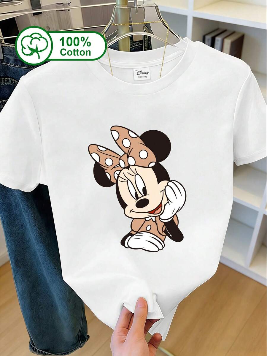 Disney Women's Casual 100% Cotton Short Sleeve T-Shirt, Featuring Vintage Brown Mouse Print With Friendly Smile And Playful Design, Retro Cartoon Style, Soft And Youthful With Nostalgic Feel. Suitable For Daily Outings, Relaxing At Home, Summer Wear, Printed T-Shirt, Can Also Be Paired With Friends. White - White - View 1