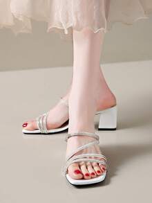 Women's White Thick Heel Square Toe Slip-On Sandals, Summer New Rhinestone Beach Criss-Cross Rhinestone Strap Beach Sandals, Mid-Heel Minimalist Casual Sandals, White - White - View 5