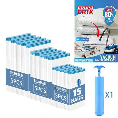 15个超大真空收纳袋 + 1个免费手动气泵，衣物真空压缩袋，超大容量真空压缩收纳袋，衣物保鲜袋，适合旅行