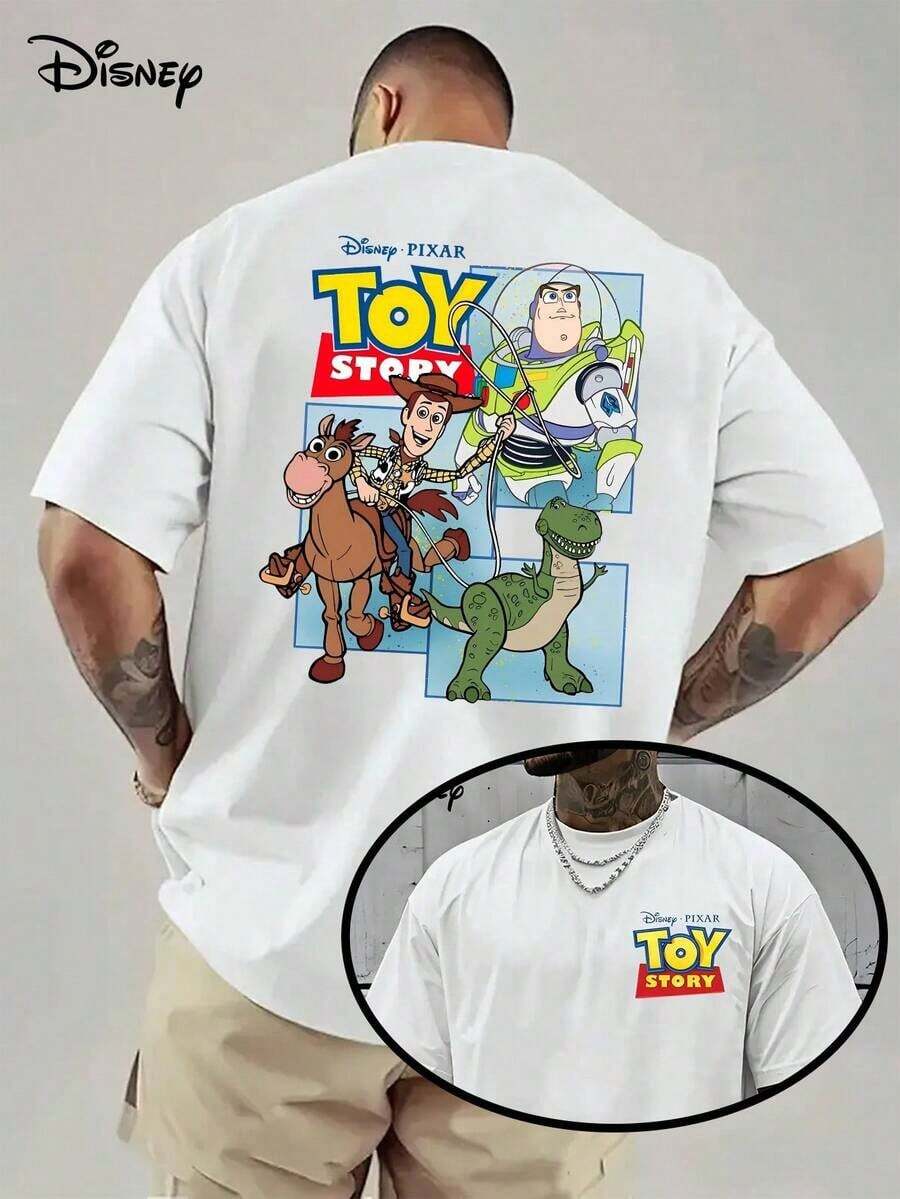 Disney Series & Toy Story Patterned Cotton T-Shirt-Woody And Buzz Lightyear Fun Linkage Pattern Printing, Casual Round Neck T-Shirt, Double-Sided Printed Design, Very Suitable For Disney Fans And Casual Clothes, Everyday T-Shirts With Interesting Patterns And Comfortable Styles. - White - View 1
