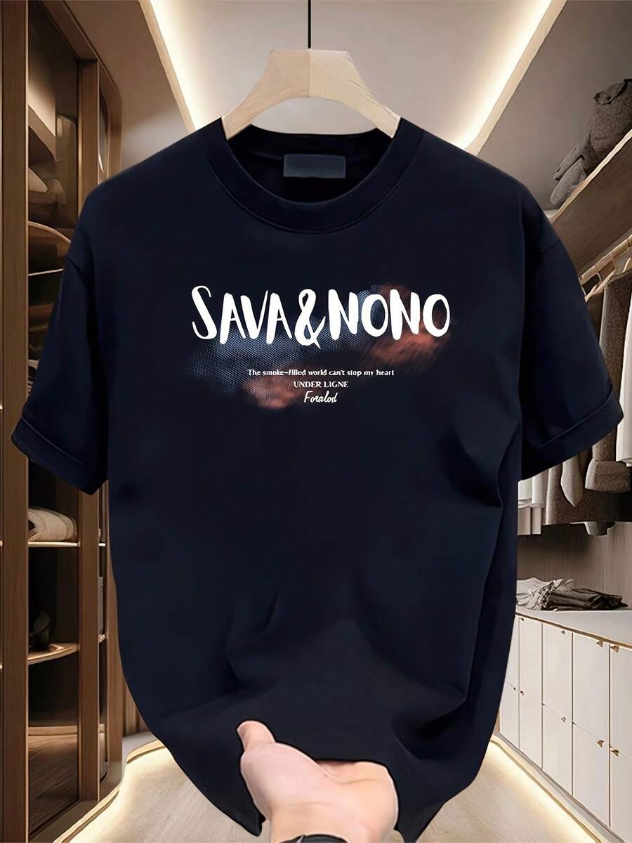 Camiseta de manga corta para hombre, de algodón puro de alta calidad, con estampado de marca de moda, nuevo estilo de verano, talla grande, top casual versátil. - Negro - Ver 1