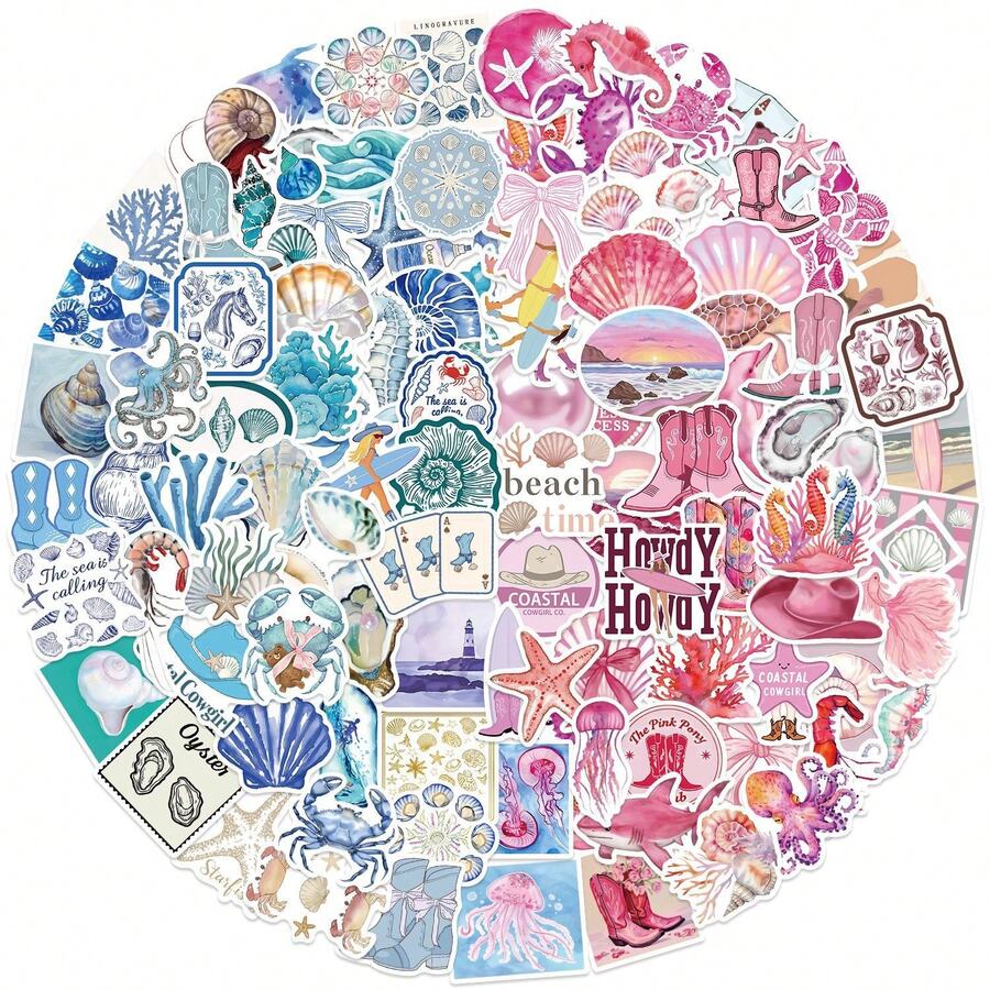 50pcs Pink & Blue Aesthetic Stickers, Summer Beach Stickers, Vacation Stickers, Pink Aesthetic Waterproof Vinyl Stickers For Water Bottles, Laptops, Phones, Luggage, Notebooks, Fridges, Headphones, Etc. - Multicolor - View 1