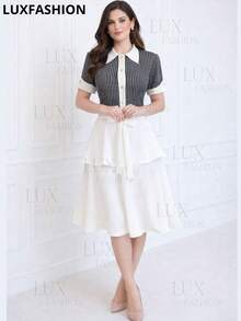 Women's Striped Dress Shirt With Contrasting Collar, Elegant, Evangelical Fashion, Short Sleeves - 黑色 - 查看 3